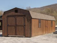 12x36 Gambrel Dutch Barn Style Storage Shed With Coffee Brown LP Smart Side, brown trim, and a shingle roof